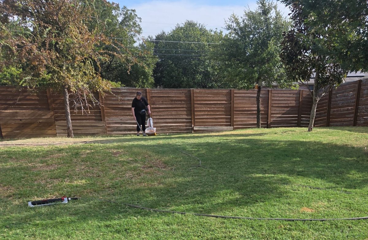 UrbanTail Cleanup technician scooping dog waste in a large fenced backyard in Oak Cliff