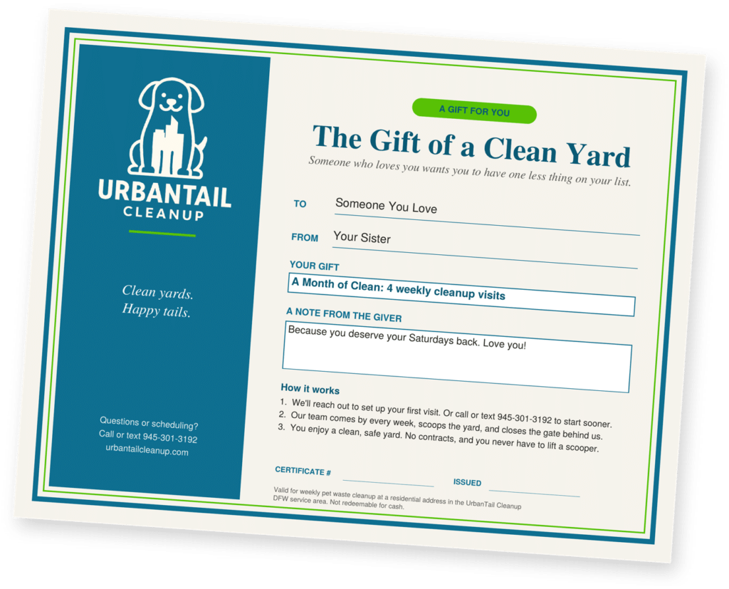 UrbanTail Cleanup gift certificate for A Month of Clean, 4 weekly cleanup visits, with a note from the giver