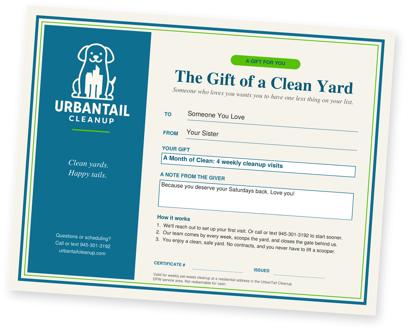 UrbanTail Cleanup gift certificate for A Month of Clean, 4 weekly cleanup visits, with a note from the giver
